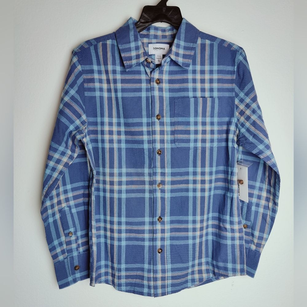 NWT Sonoma Boys' Blue Plaid Button Down Shirt, Size S